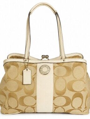 Coach Kiss Lock Tan and Cream Signature Canvas Tote